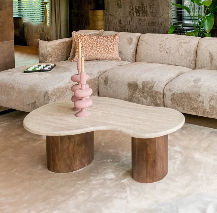 

#Ancient Chinese Style Adjustable Wood Frame Special-Shaped Natural Stone Marble Coffee Table for Living Room Home Hotel