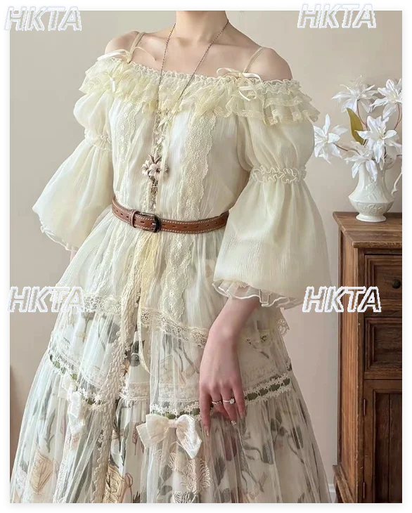 

2026 Spring New Lolita Shirt Women Girl Lantern Long Sleeve Inner Blouse One Shoulder Puff Sleeve White Chiffon Blusas Femininas