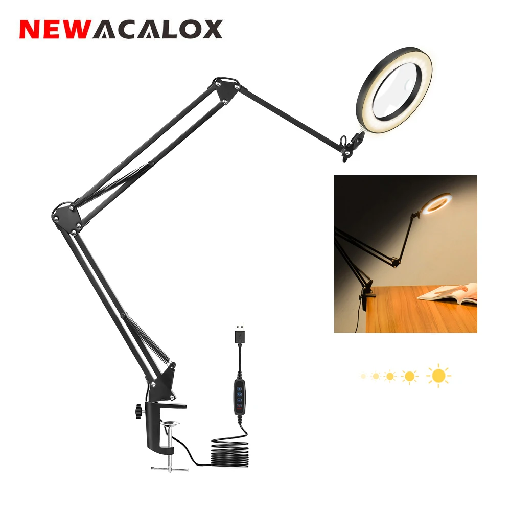 8W Magnifying Glass Lamp 5X/10X Magnifier with 3 Color LED Light Folding Long Handle Loupe for Repair/ Work/Reading Table Lamp