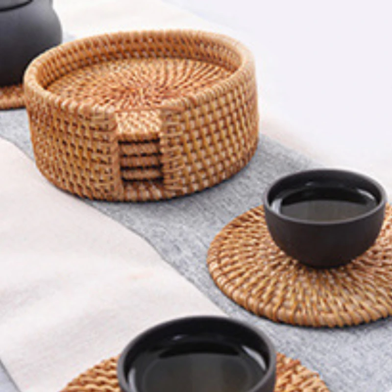 Vine Woven Hand Woven Insulation Mat Tea Table Circular Tea Cup Bowl Rattan Woven Cup Mat Set Tea Set Rattan Basket