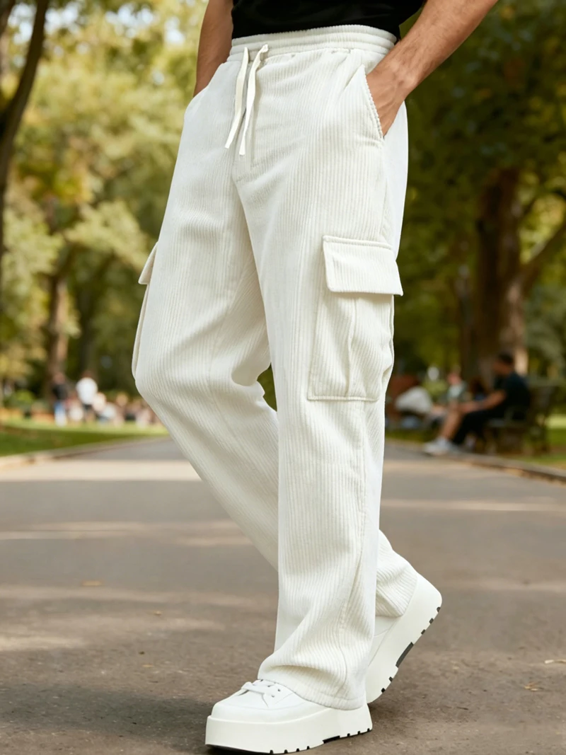 Herren Cord-Cargohose mit Elastischem Bund und Kordelzug, Lässige Hose mit Seitentaschen, Gerades Bein für Frühling und Herbst – Detail 35
