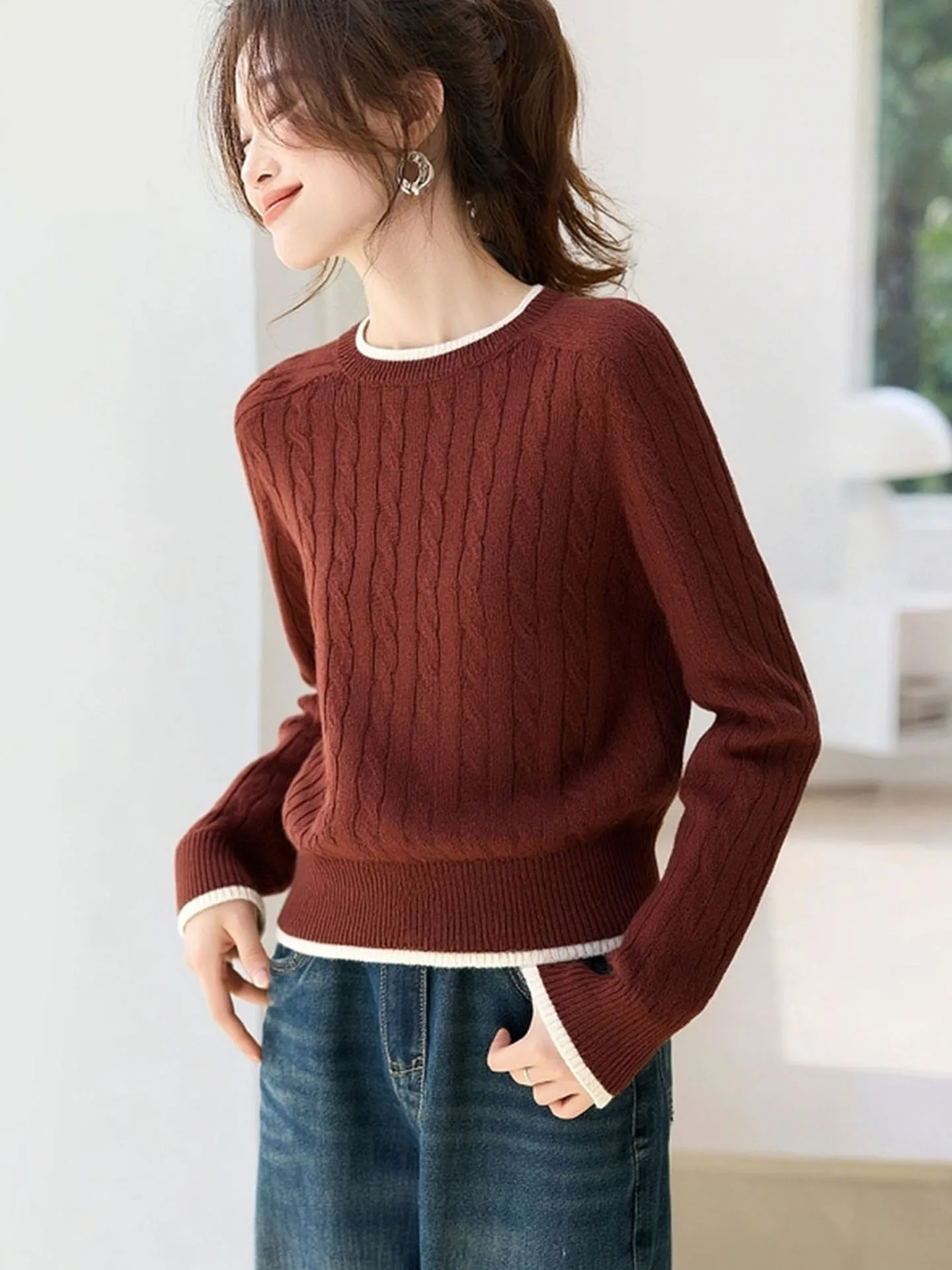 

Thiened Camere вязаный длинный свек круглый пуловер Ne, свитер, универсальный базовый слой, винтажный зимний модный свитер для молодых женщин