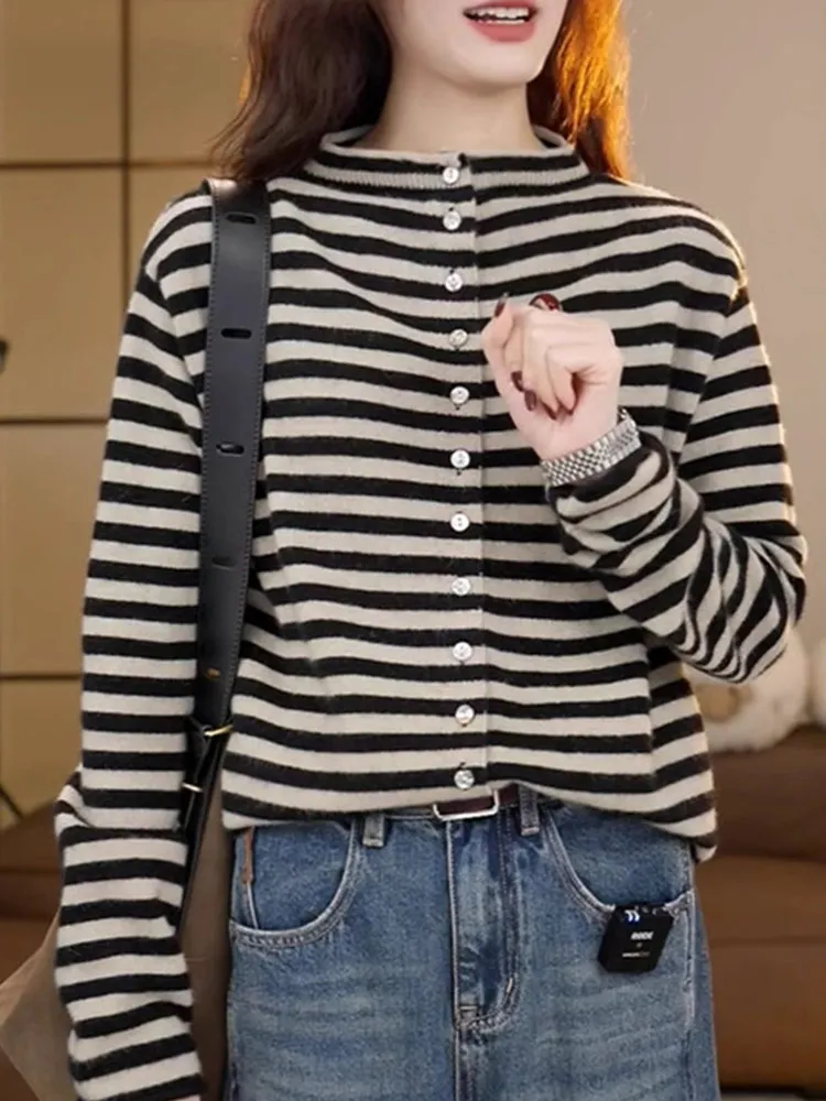 

Вязаный длинный свитер в полоску с цветовым дизайном для поездок на работу, корейский универсальный открытый кардиган на одной пуговице, верхняя одежда