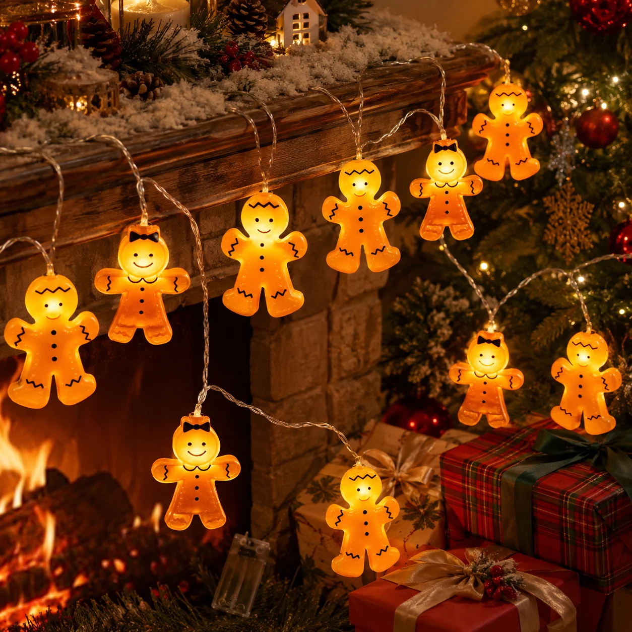 1pc Christmas Gingerbread Man LED String Lights Cute Cookie Shape Battery Powered Fairy Light For Indoor Xmas Tree Holiday Decor