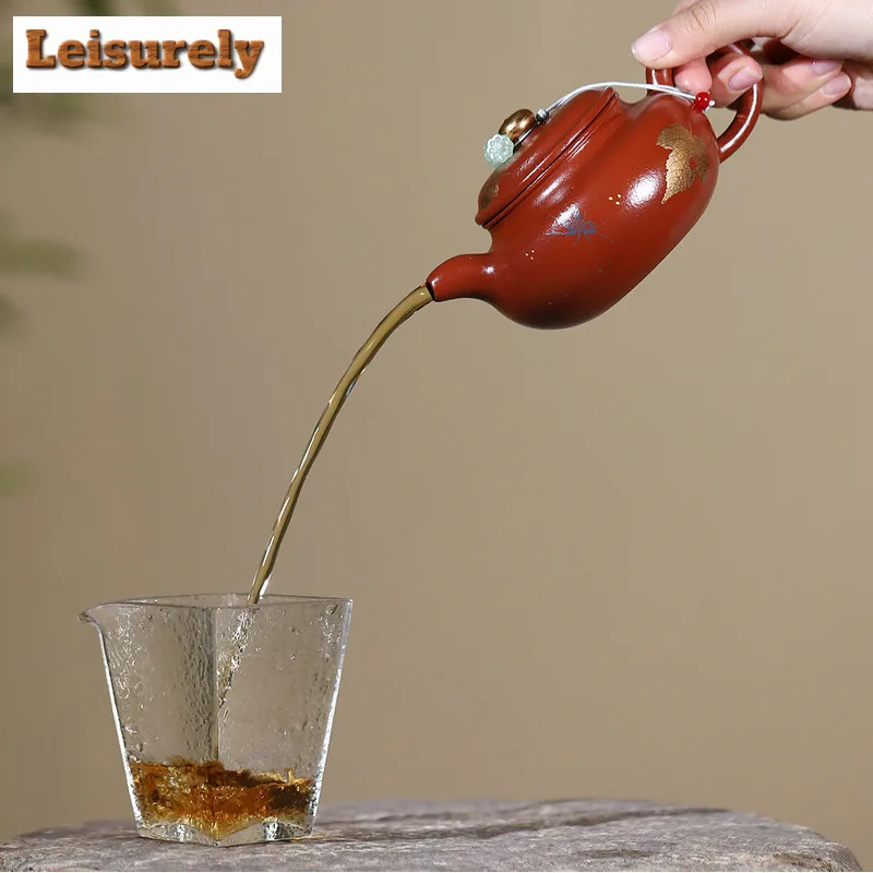 BAEJORIA 260ml Handmade Yixing Purple Clay Teapots Handmade Maple Leaf Gold Drawing Antique Pot Raw Ore Zhu Mud Kettle Zisha Tea