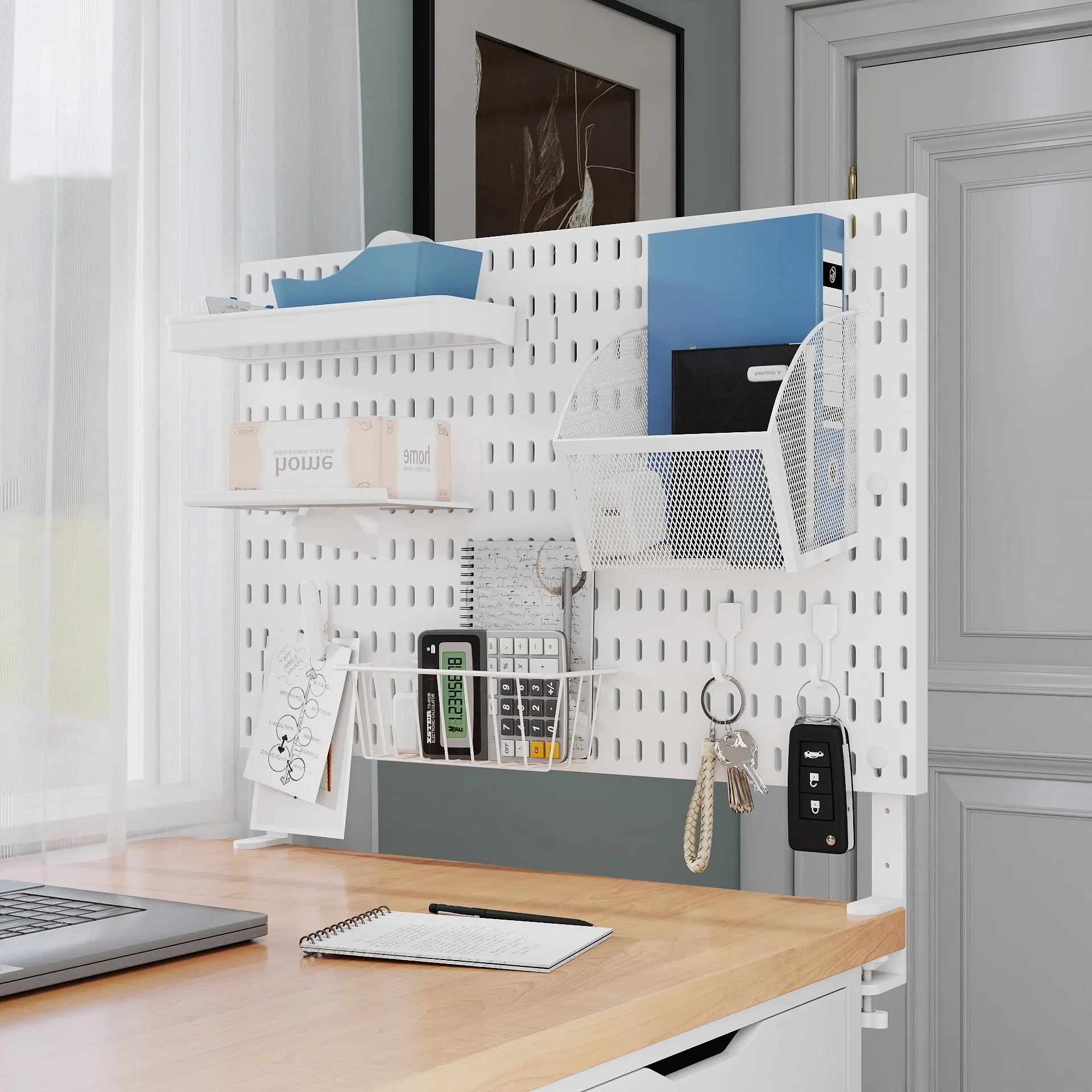 Plastic Pegboard Organizer System with Hooks, Baskets, Shelves & Clips - Freely Combined Desktop Standing Rack for Home Office