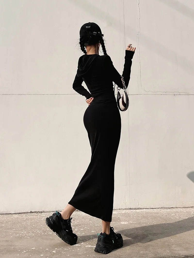 نمط الشارع فتاة حار مقنعين Bodycon فستان طويل الأكمام الرغبة النقية الخصر Cinching التخسيس التفاف حول تنورة طويلة #2