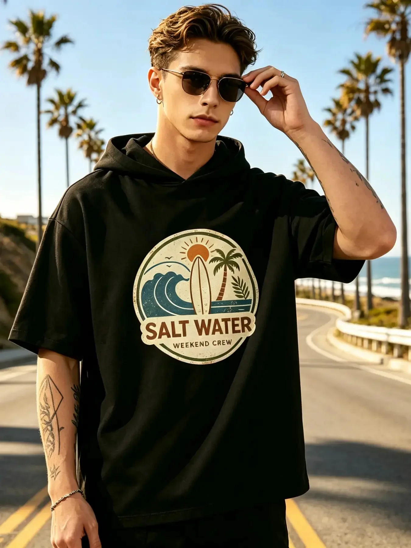 Men's Short Sleeve Hooded T-Shirt Salt Water Weekend Crew Surf Palm Tree Graphic Oversized Casual Beach Streetwear Pullover Hoodie Tee