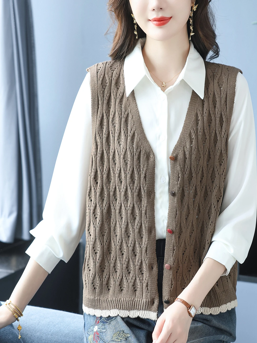 V-Ne Knitted Open Cardigan Top Women's Autumn Winter Loose Wool Vest Outerwear oulder Pad Vest Commute Sle ort Length