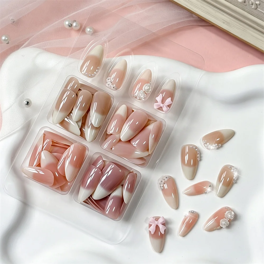 120Pcs Boxed Wearable False Nails Medium Almond Nude Pink Ombre 4 Styles Mixed 3D Rose Pearl Bow Decor Removable Manicure view 4
