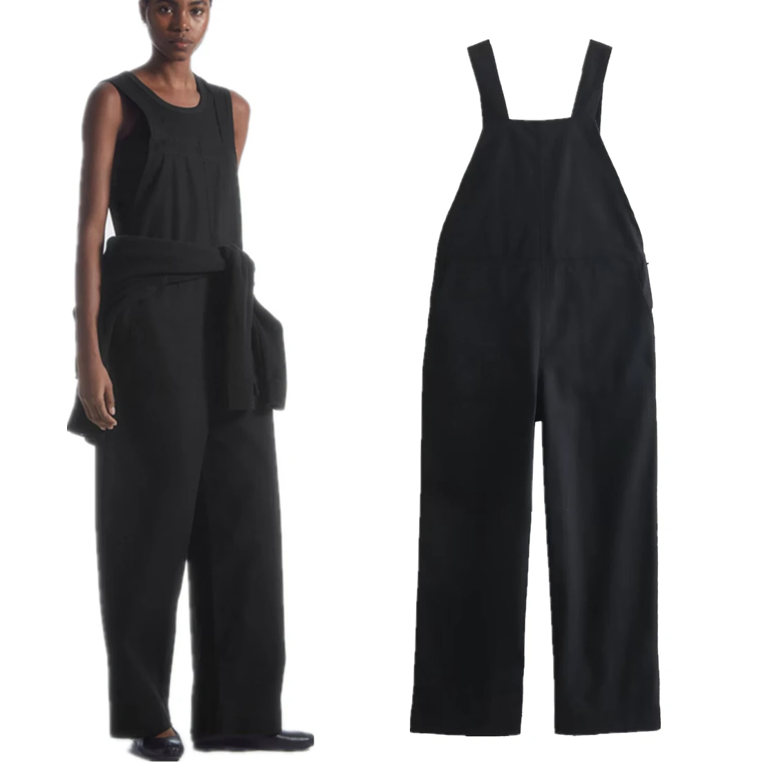 

Withered Minimalist Women's Retro Canvas Dungaress Women Tank Jumpsuit With Shoulder Straps Black Color Loose