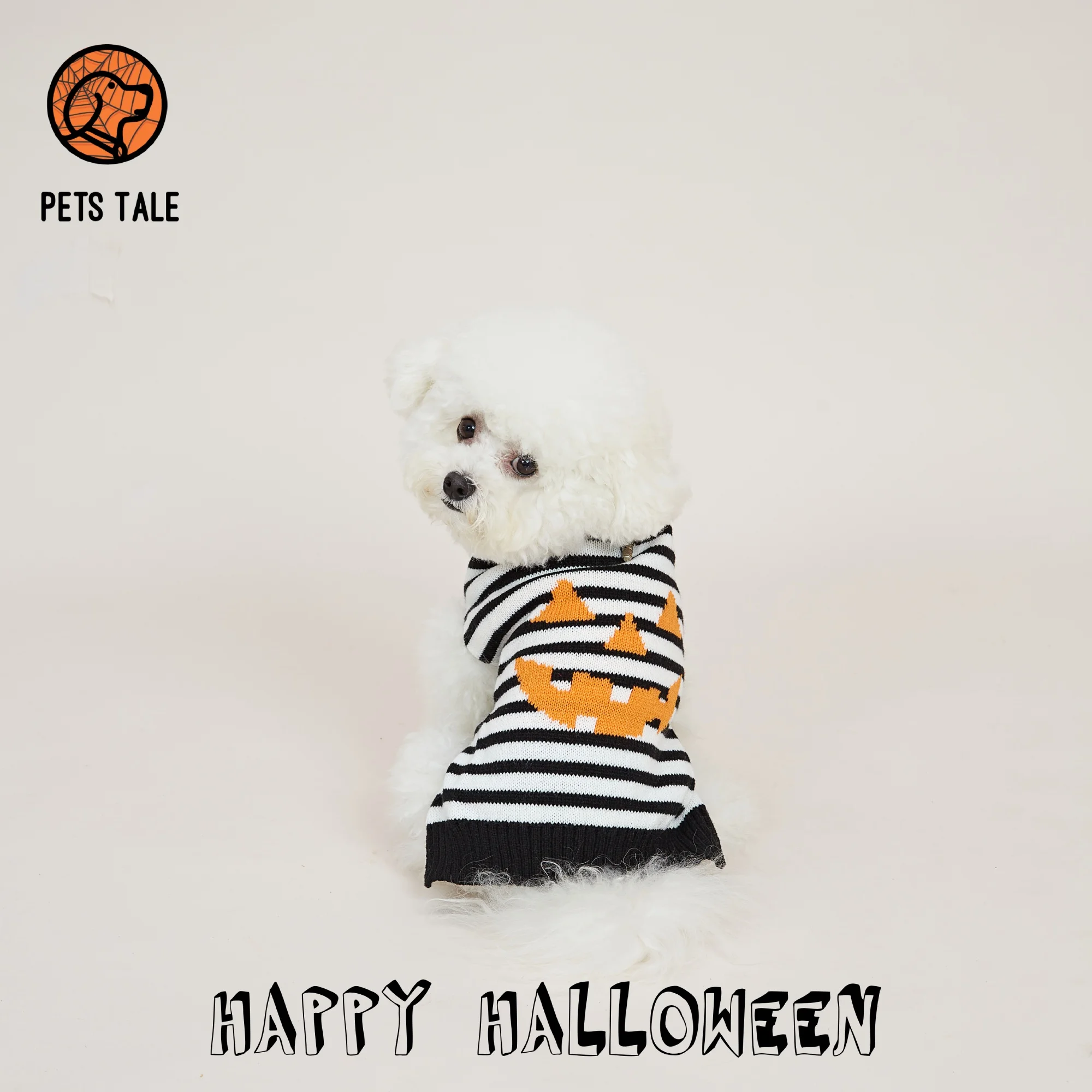 Halloween Pumpkin Ghost Face Striped Dog Sweater with Leash Hole Design