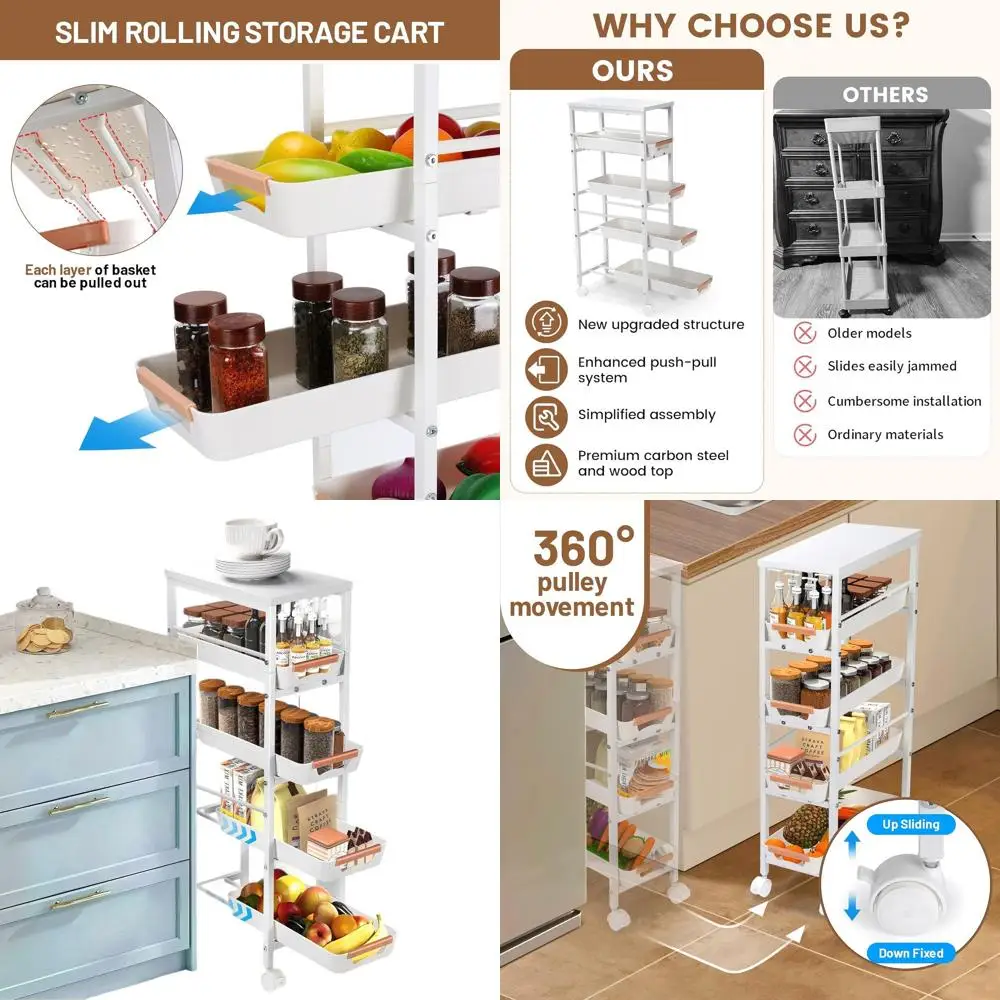

5-Shelf Rolling Metal Cart for Kitchen & Laundry, Drawer Included, Space-Saving Organizer with Wheels, White