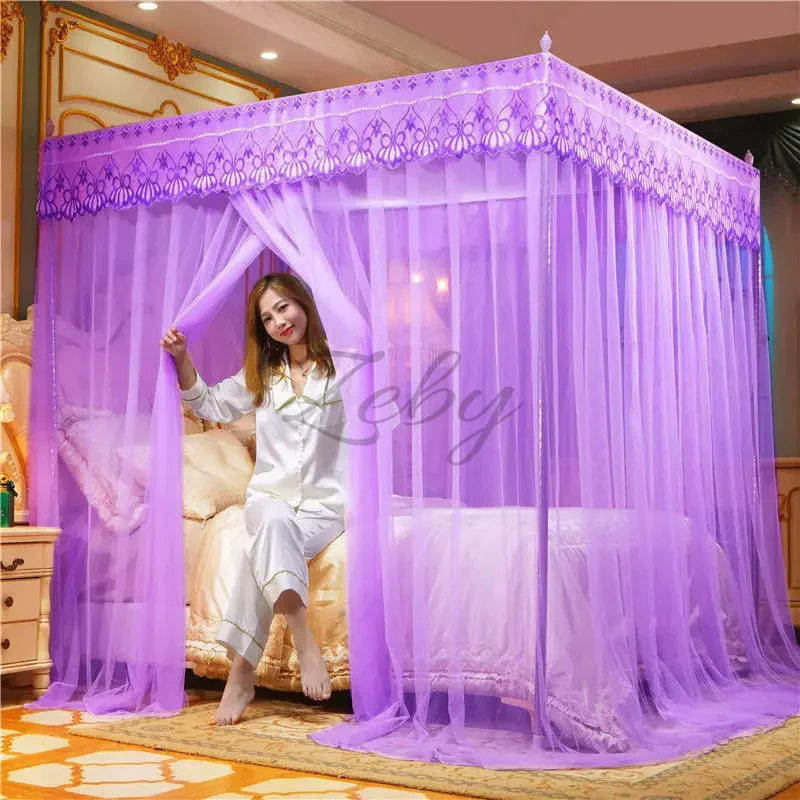 Romantic Lace Pleated Mosquito Net Embroidery Breathable Square Queen Double Bed Net Canopy Not Included Stainless Steel Bracket
