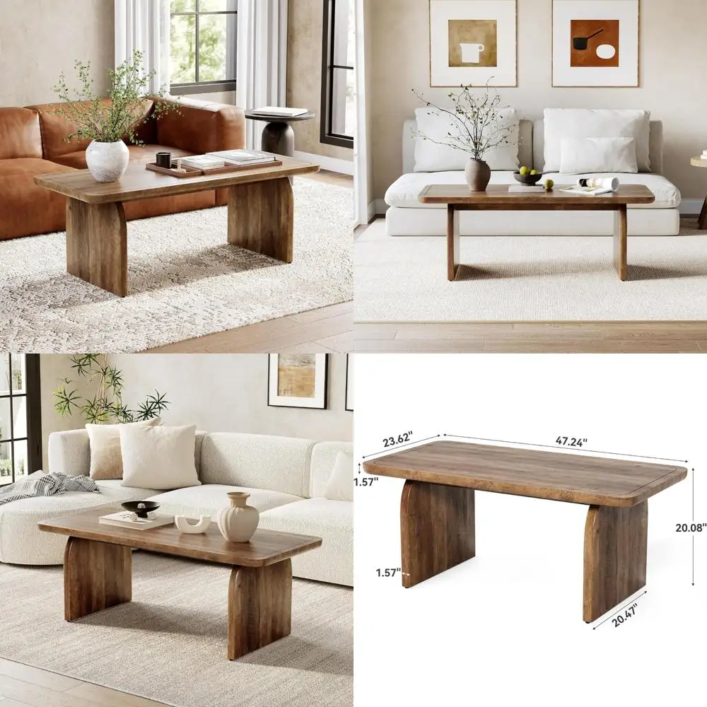Modern Rectangular Wooden Coffee Table 47 Inches with Rounded Corners for Living Room