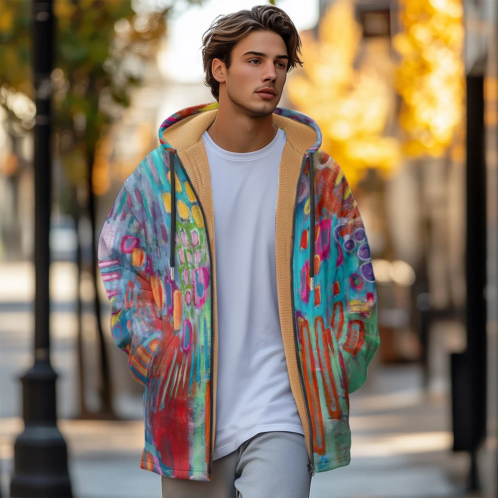 Man winter clothing, New in Down Coats, Street style colorful graffiti cotton-padded jacket clothing, feather new pocket zipper