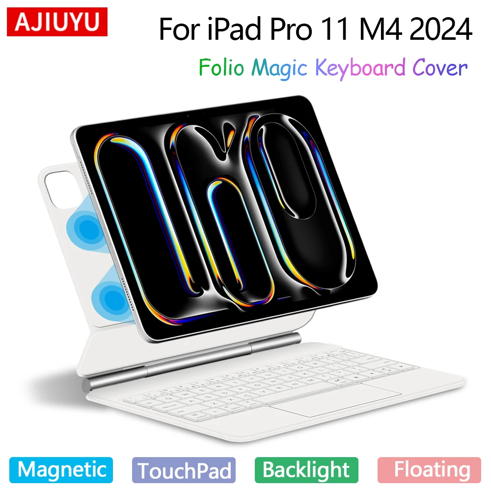 

AJIUYU Волшебная клавиатура с подсветкой для iPad Pro 11 M4, 11 дюймов, 2024, чехол, английская, испанская, португальская, корейская, немецкая, TouchPad, клавиатура