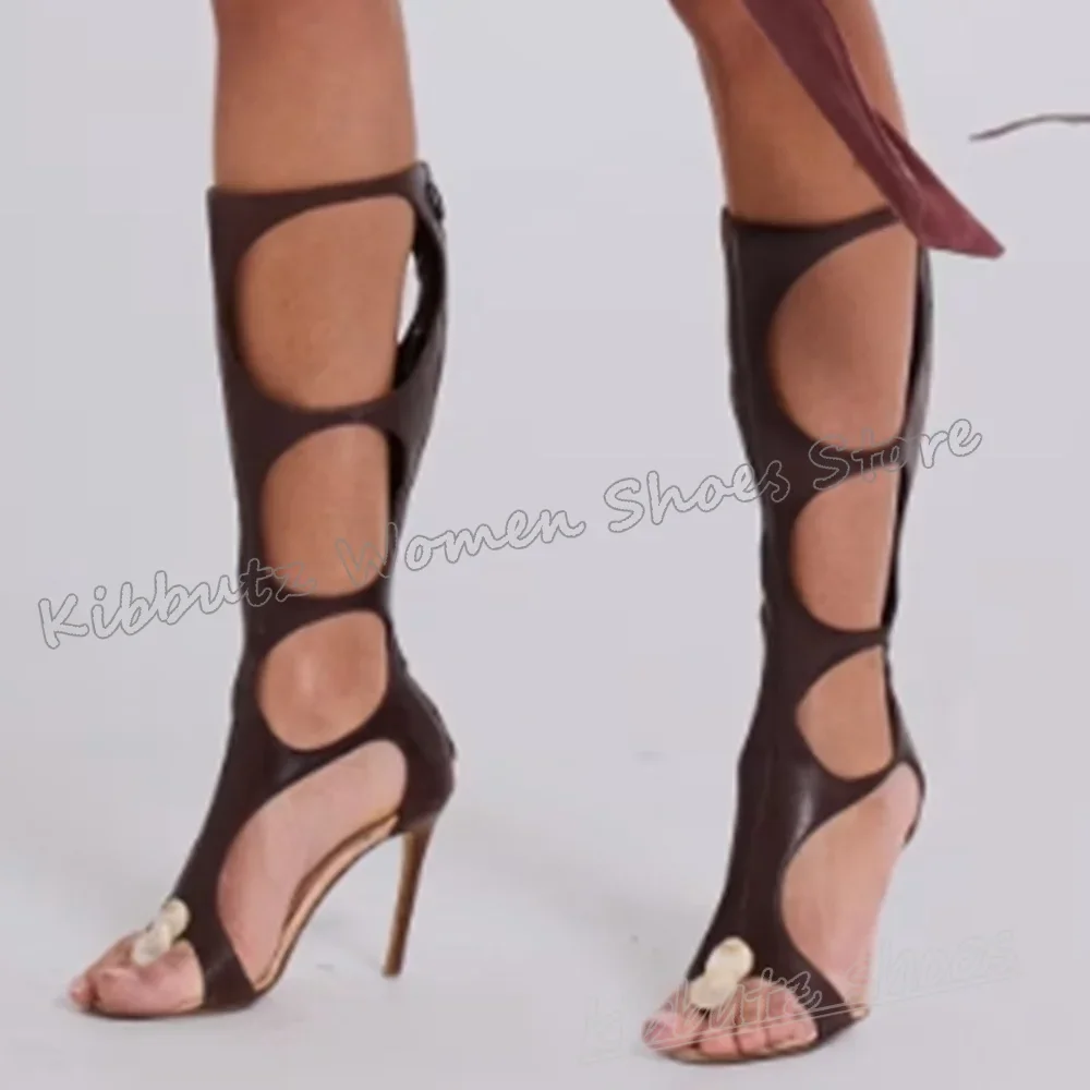 Clip-Toe Rome Sandals Knee High Boots Fashion Luxury Elegant Concise Sexy Hot Girls Shoes Newest Thin High Heels Leather Zipper