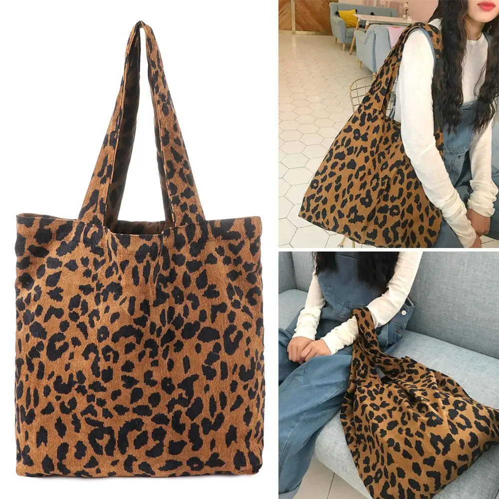 Fashion Women Large Corduroy Shoulder Bag Shopper Handbag Leopard Print Tote Bag