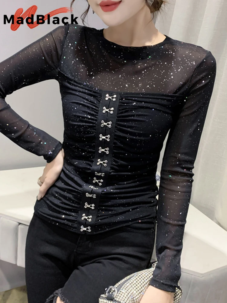 

MadBlack Fake Two Pieces T-Shirt Sexy Slim O Neck Shinny Button Women Knitted Tops Long Sleeve Basic Tees Autumn Winter T29816X