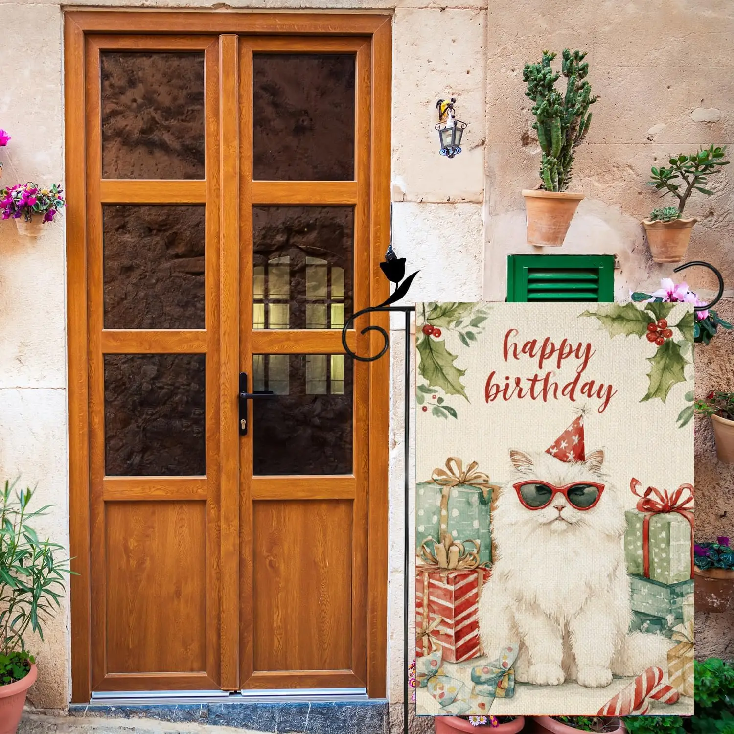 Ice ink Happy Birthday Persian Cat Mistletoe Candy Hat 12x18 Inch Double Sided Linen Small Yard Flag House Flags for Outdoor AAS