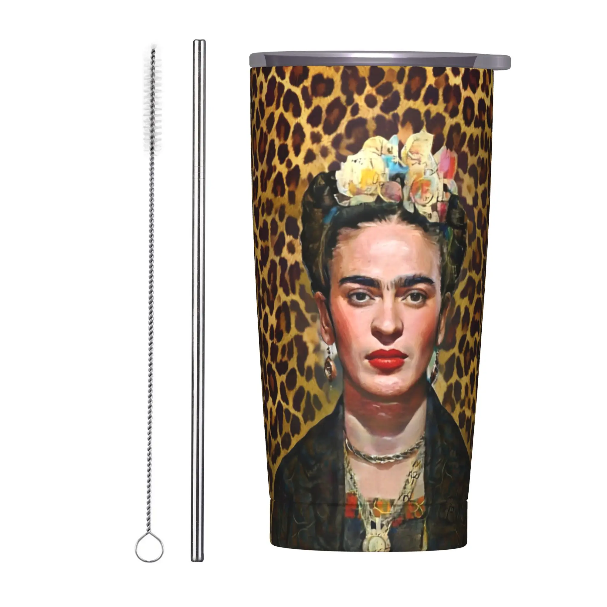 Leopard F-Frida K-Kahlo Tumbler Vacuum Insulated  Coffee Cups Vacuum Flask Smoothie Tea Mugs Hot Cold Drink, 20oz