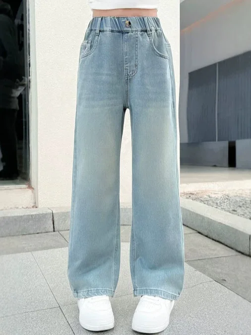 Girls' Straight Leg Wide Leg Jeans Cute Pocket Embroidered Elastic Waist Casual Pants for Campus Girls 4-15 Years Old