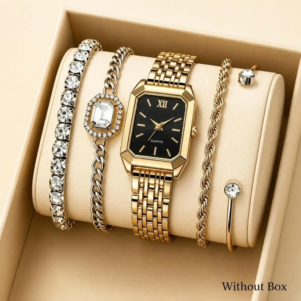 Quartz Movement Women Quartz Watch Rectangle Dial Stainless Steel Strap Rhinestone Bracelet Set 5PCS Set Rhinestone Decoration
