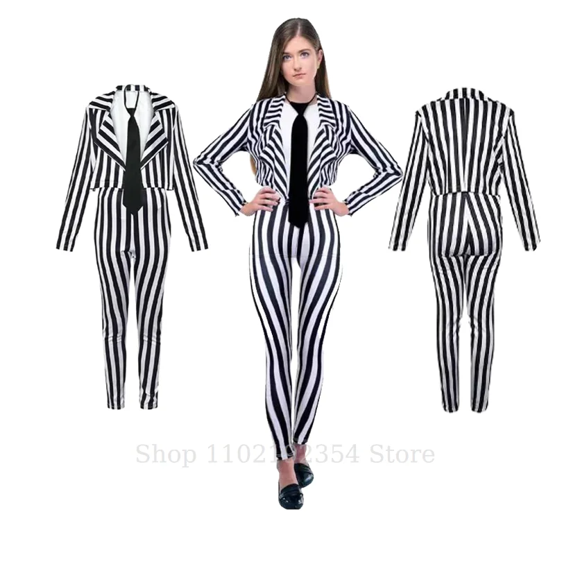 

Halloween Adult Women Horror Scray Irregular Lines Cosplay Costumes Black White Vertical Stripes Suit Stage Costume