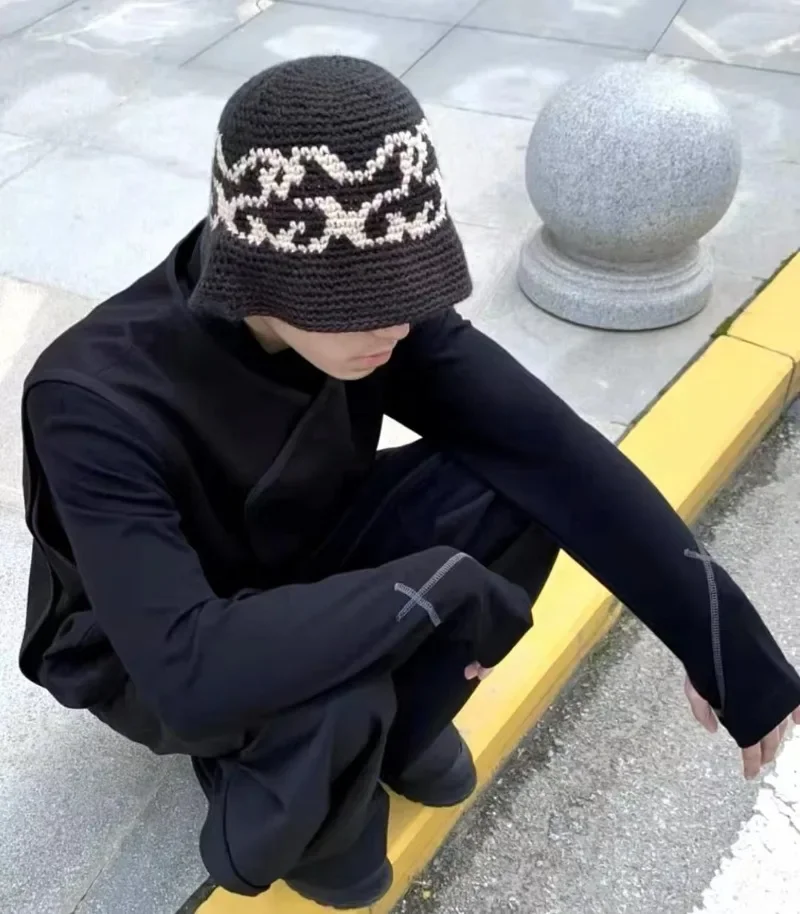 Ins Hot handgewebte Jacquard-Kaltkappen für Männer und Frauen, Herbst und Winter, Reisen, Mode, Street Snap, koreanischer lässiger Eimerhut – Detail 1