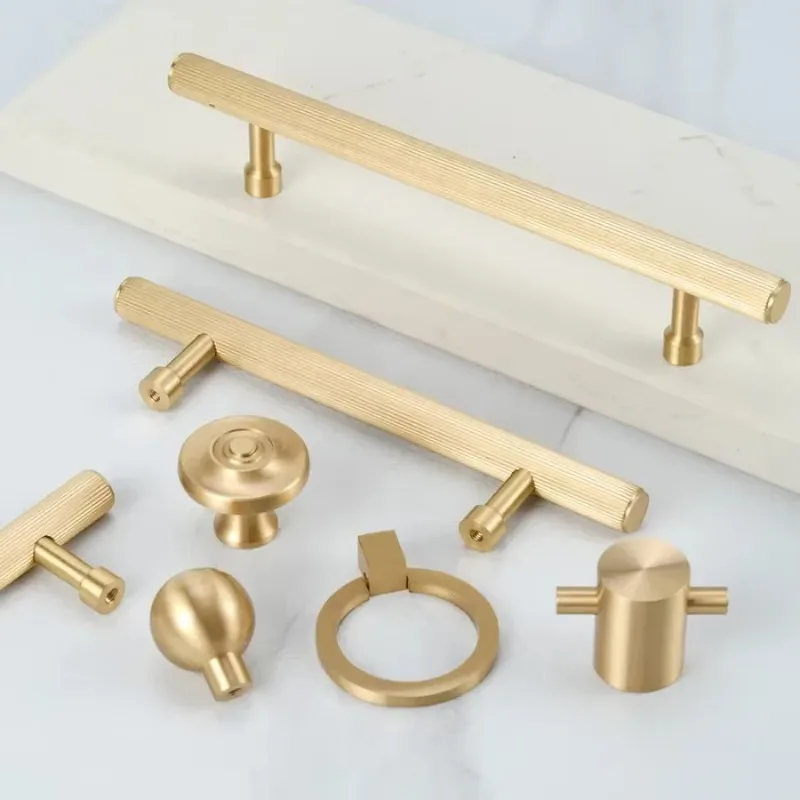

96-416mm Hole Spacing Solid Brass Golden Furniture Handles Nordic Luxury Stripe Handles for Cabinets and Drawers Dresser Knobs