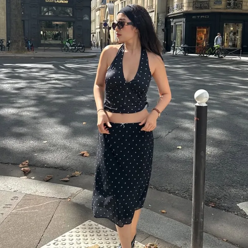 Talenza Polka Dot Skirt Two Piece Women's Sexy Lace-up Sleeveless Cami Tank Casual Skirt Printed Vacation Female Dress Sets 2025