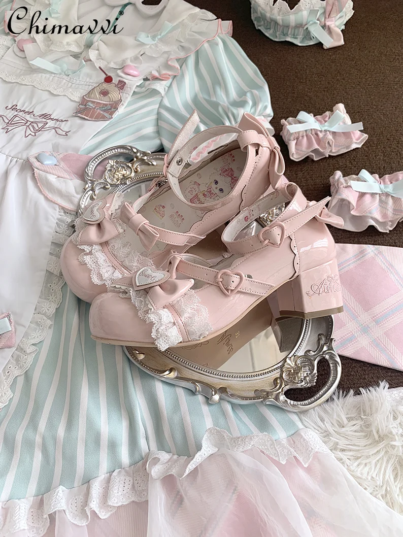 

Туфли Лолиты, милые японские туфли-лодочки на высоком каблуке с кружевом и бантом для девочек, весенние новые милые туфли Мэри Джейн с темпераментом принцессы