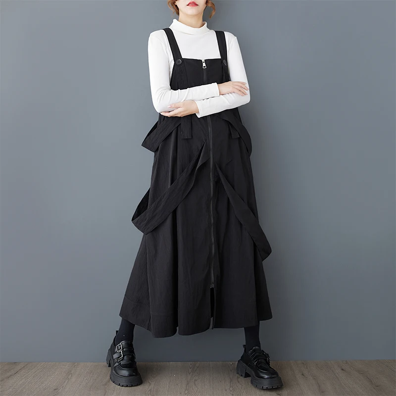 Primavera Verão 2025 Novo Estilo Japonês Vestido Midi F Plus Size Moda Solto Emaecedor Vestido de Alças Saia em Linha A