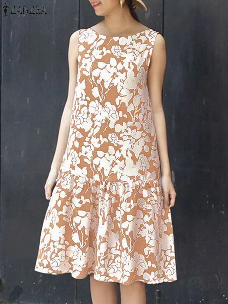 ZANZEA Women Bohemian Print Summer Dress Sleeveless Beach Sundress 2025 Fashion Vintage Long Vestidos Casual O-Neck Loose Robe