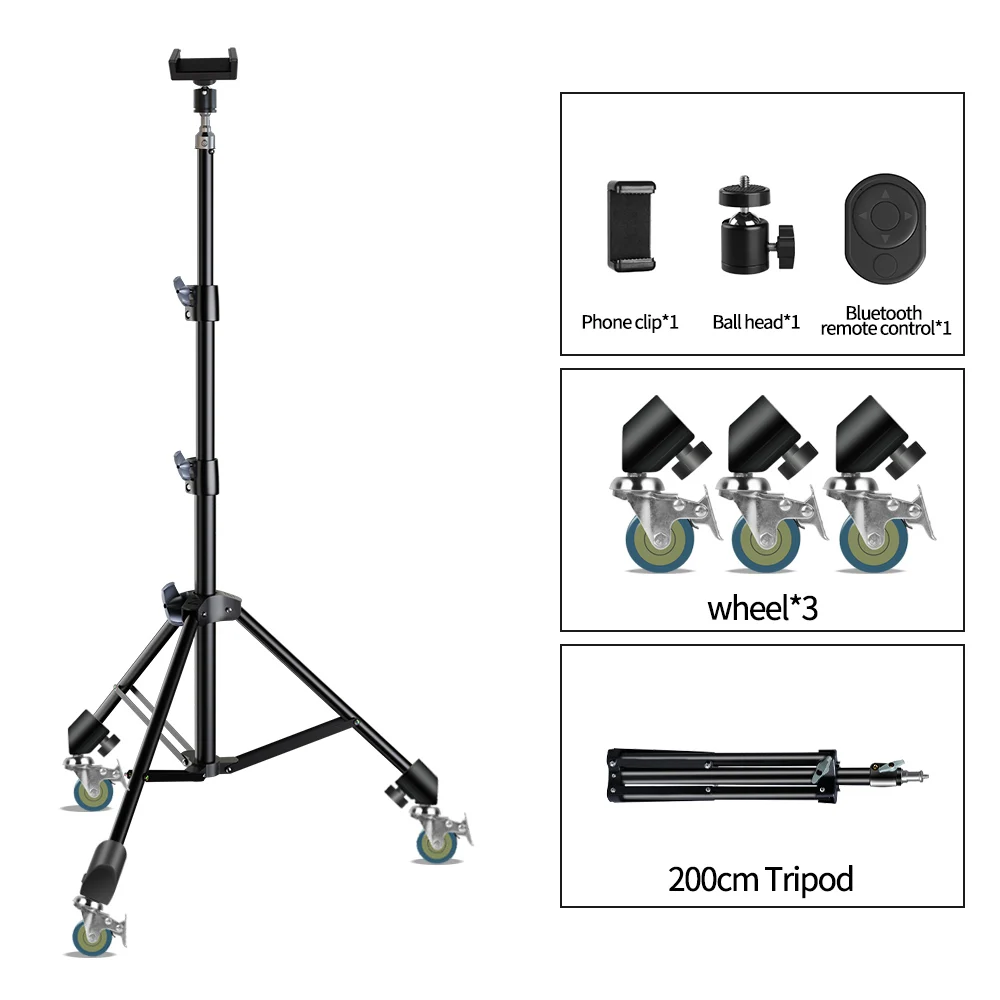 

SH Extendable Tripod 190cm With 1/4 Screw&Wheels Bluetooth Remote For DSLR Camera Smartphone Fill Light Microphone Tripod