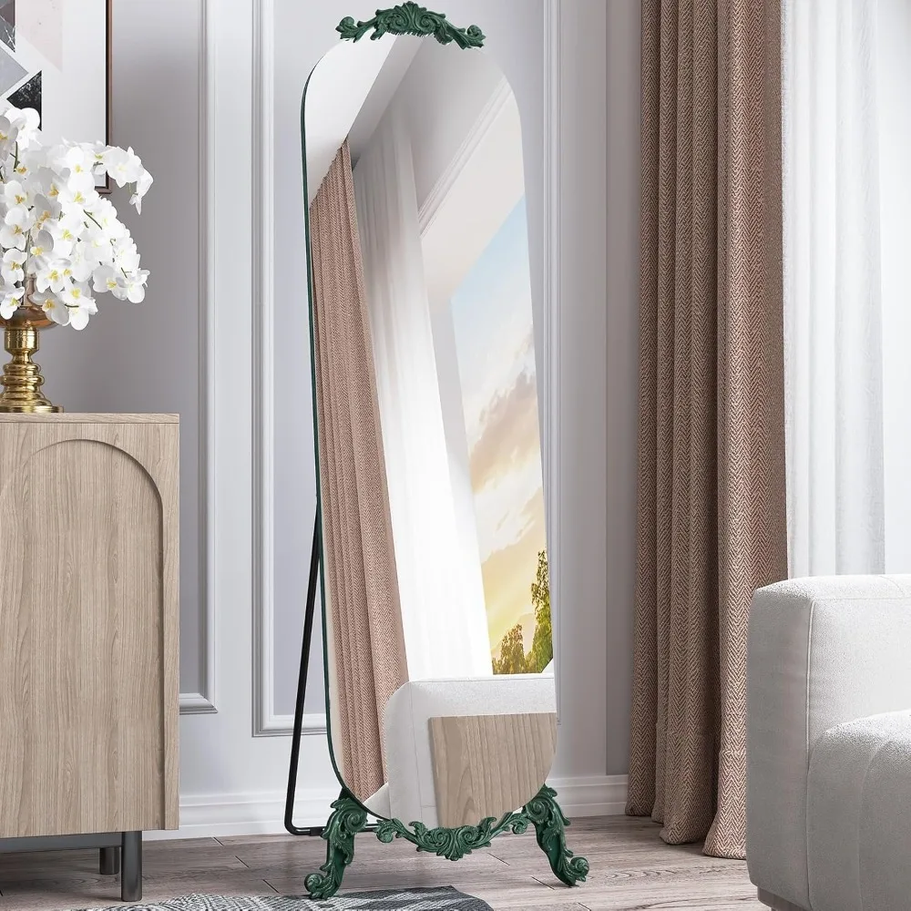 

Gothic Vintage Elegant Frameless Carved Full Length Arched Mirror with Stand, 61.5" H x 20" W Large Wall Mirror, Green Modern De