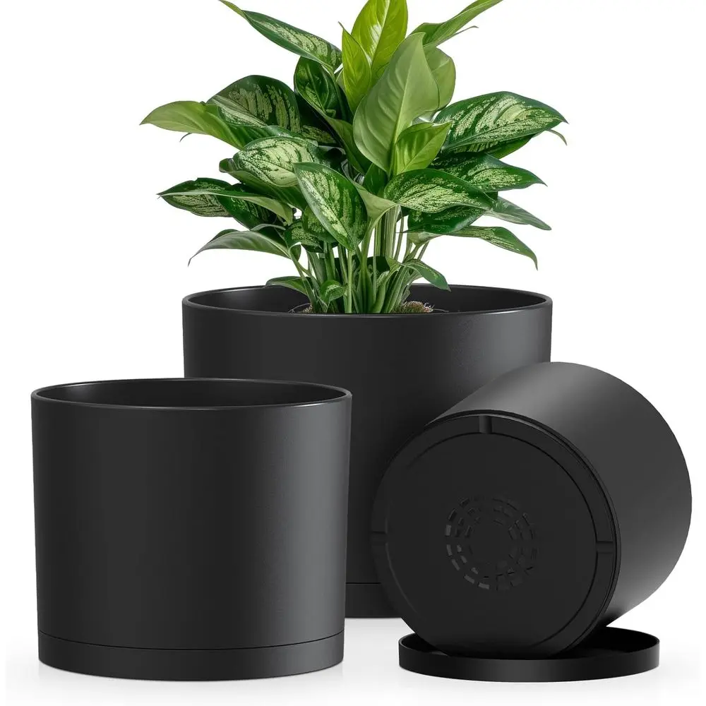 3-Pack 10/9/8 Inch Cylindrical Plastic Plant Pots with Drainage and Saucers for Indoor/Outdoor Plants, Black