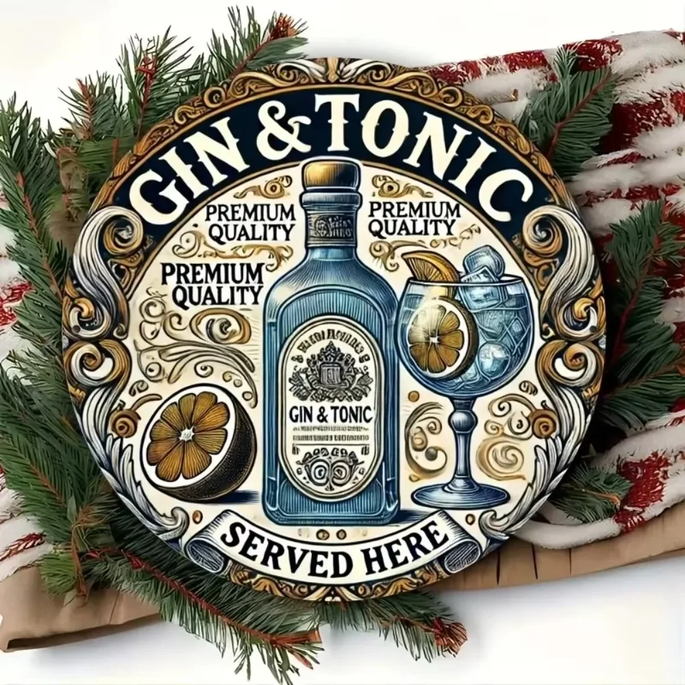 جين فينتاج برو ™   لوحة صفائح حديد عتيقة - علامة دائرية من الألومنيوم "GIN Tonic خدم هنا"، ديكور منزلي ريفي متين