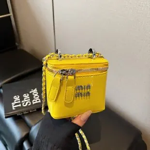 

Summer 2026 Trendy Box Bag, Glossy Crossbody with Metallic Letter Chain,Statement Mini Purse for Women