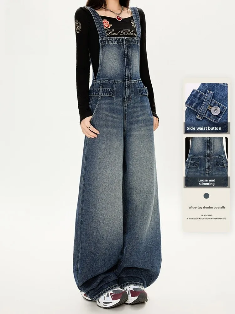 

Джинсовый комбинезон True Weave в ретро-стиле, синий, женский, весна-осень, новый, в американском стиле, с высокой талией, универсальный, стройнящий, цельный крой