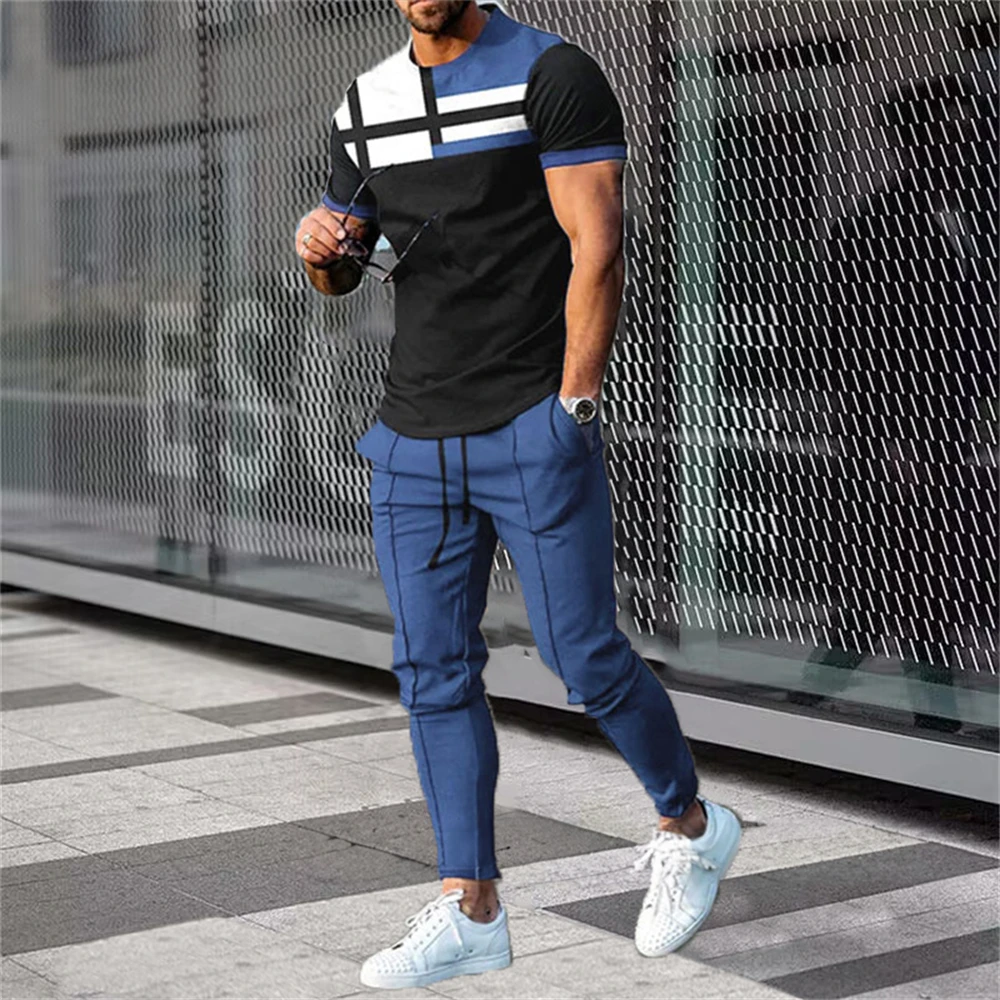 Men Summer T Shirt Pants Sets Print Tracksuits Oversized T-shirts Sweatpants Suits Male Sportswear Trousers Outfits Men Clothing