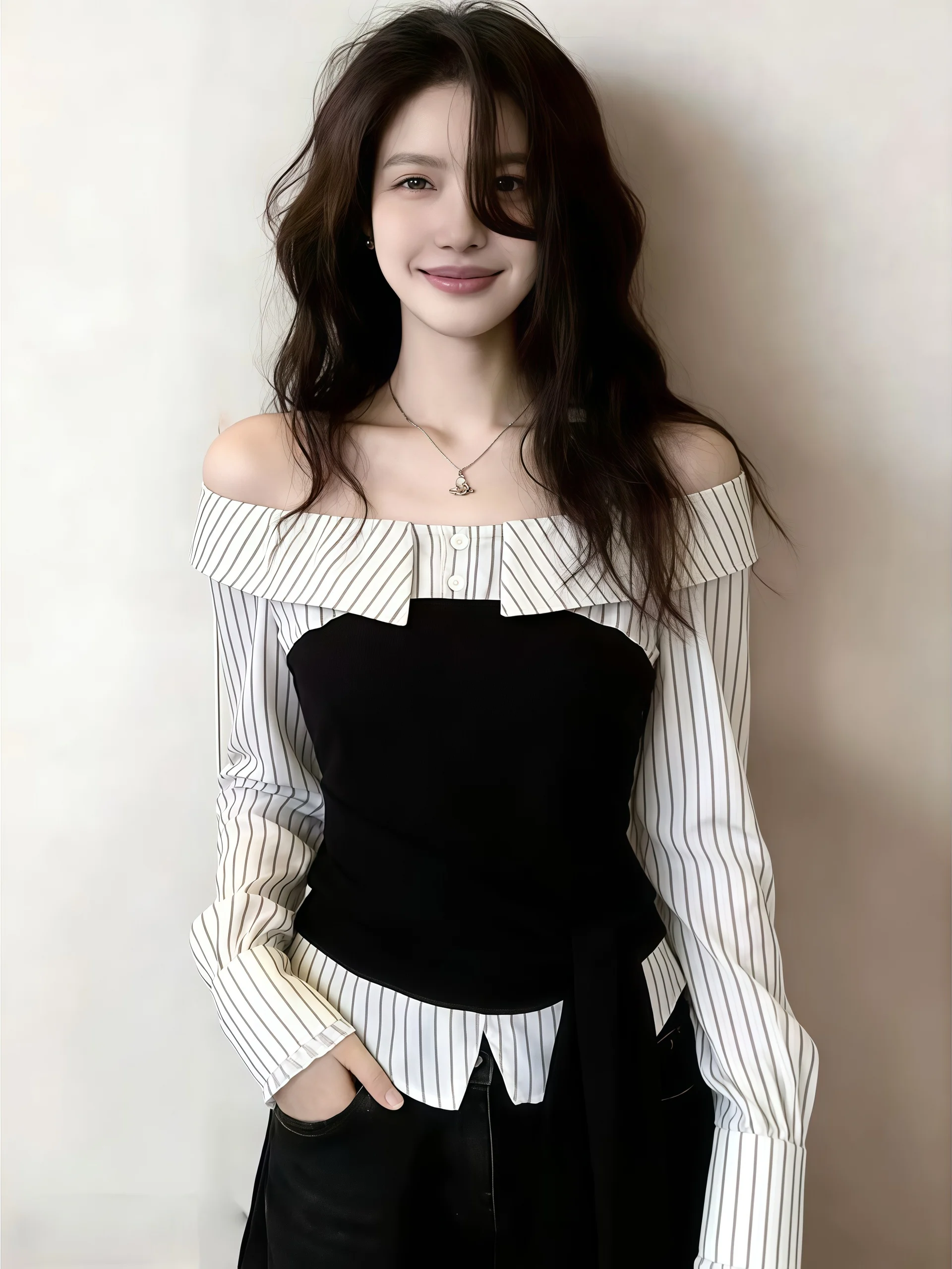 Elegant Striped One-Shoulder Shirt Women's plus Size Spring Summer New Style Big Waist Cinching Top Korean Style Commute Wind