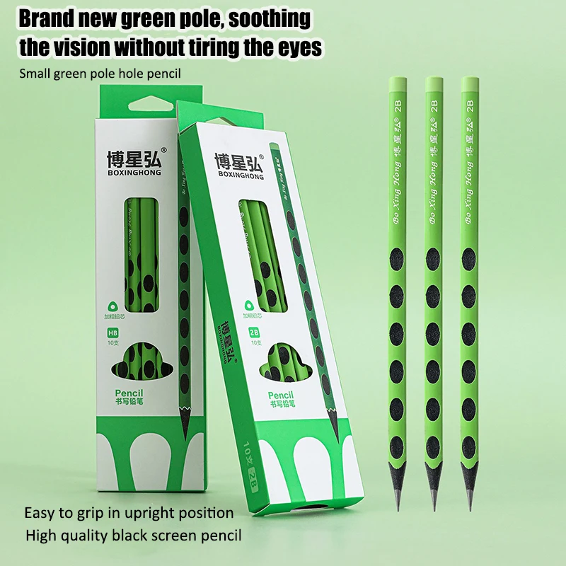 Triangular Pencils, Thick Lead 2B Non-toxic Green Rod Pencils, Hole Design Writing Pencils for Students