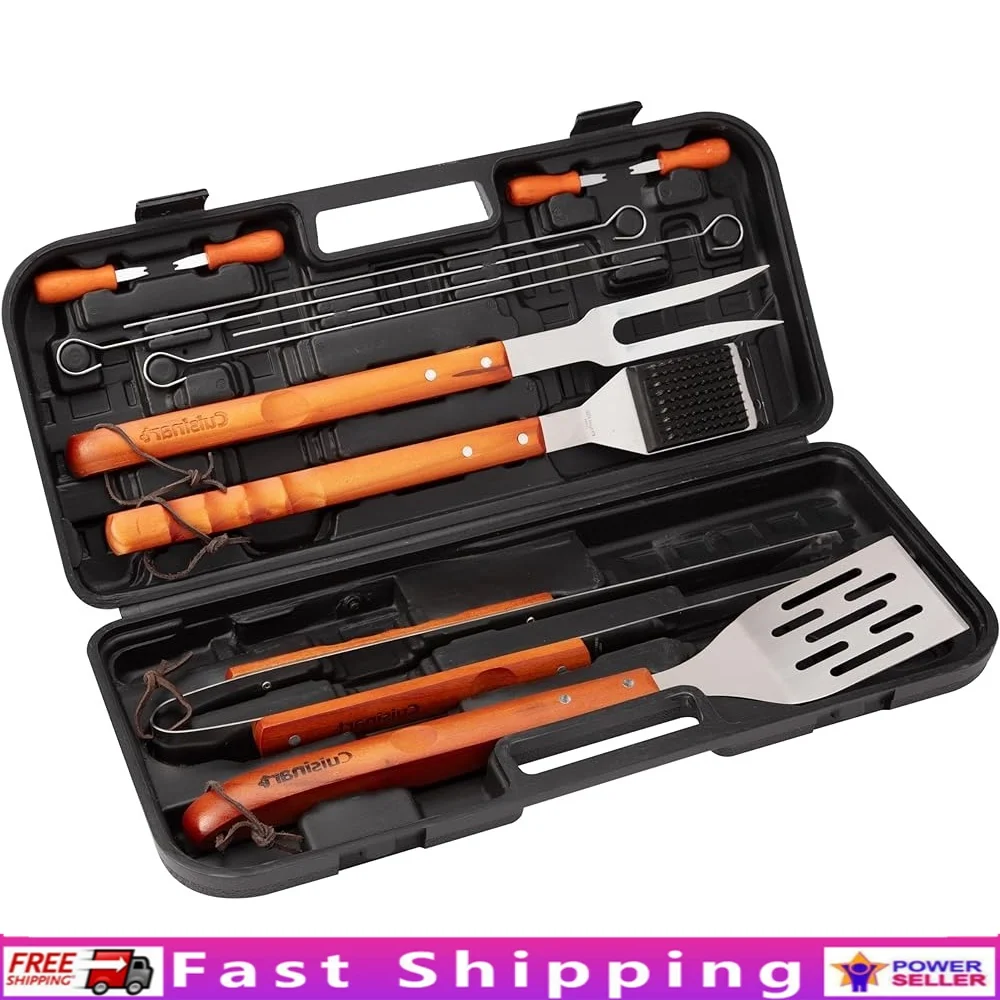 

13Piece Wooden Grill Tool Set BBQ Accessories Stainless Steel Utensils with Recycled Plastic Case Long Reach Grilling Tongs Fork
