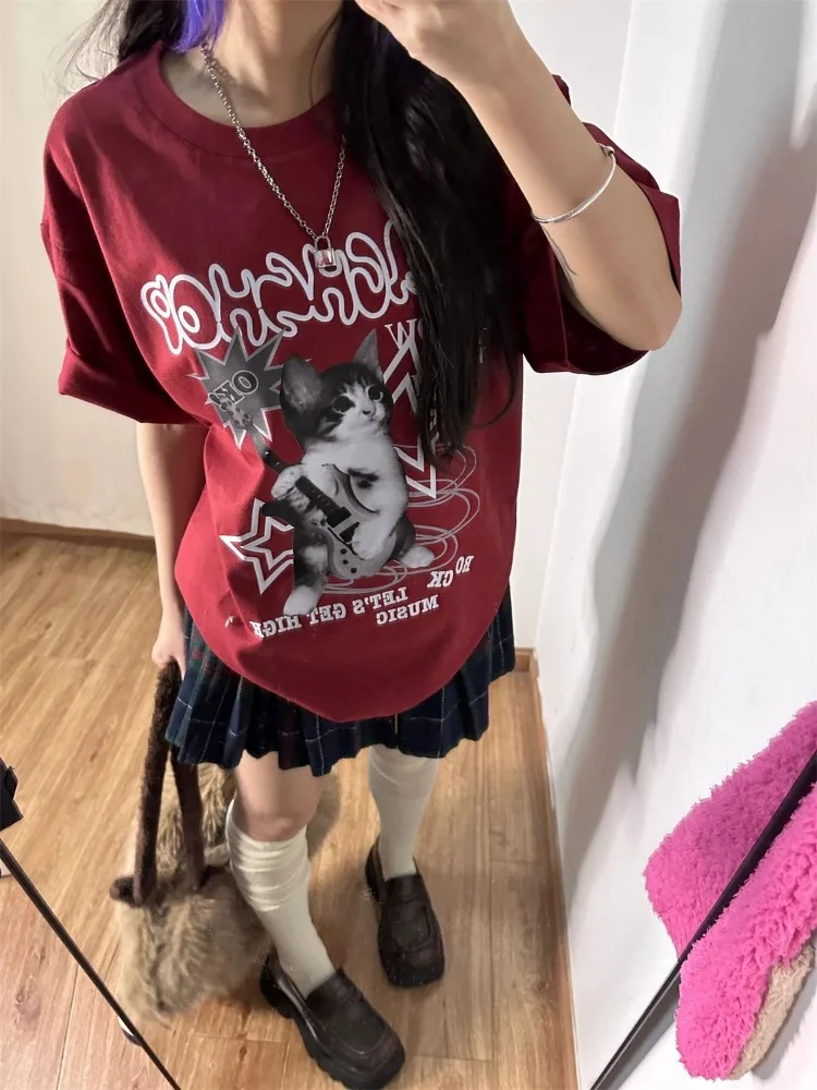 HOUZHOU Kawaii Cat Printed Red T-shirts Women Harajuku Oversized Punk Style Tops Cute Graphic Short Sleeve Tees Cotton Casual