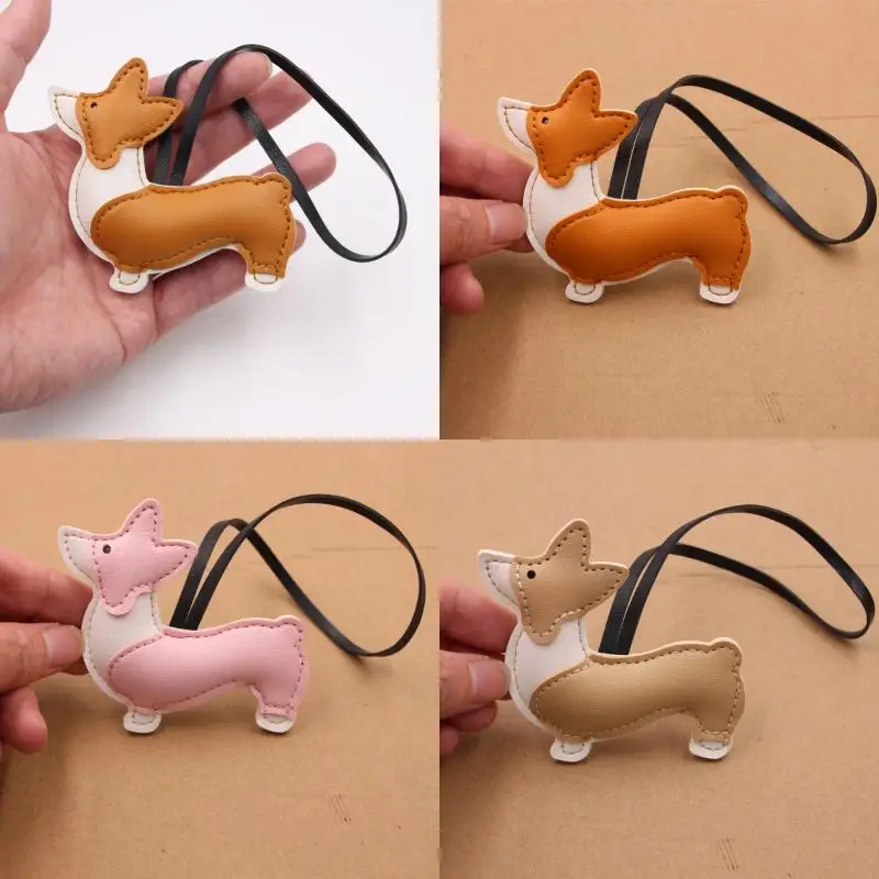 Fashion Cute Little Dog Keychain Cartoon PU Leather Charms Exquisite Multi Layer Hanging Decor Splicing Corgi Dog Bag Pendant