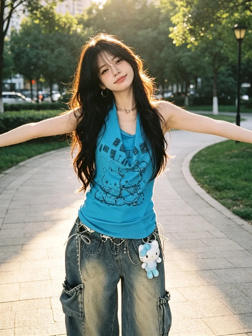 

Blue Cartoon Print Sleeveless T-Shirt Women's Summer New Style Slimming Neck Hanging Design Breathable Short Length Top