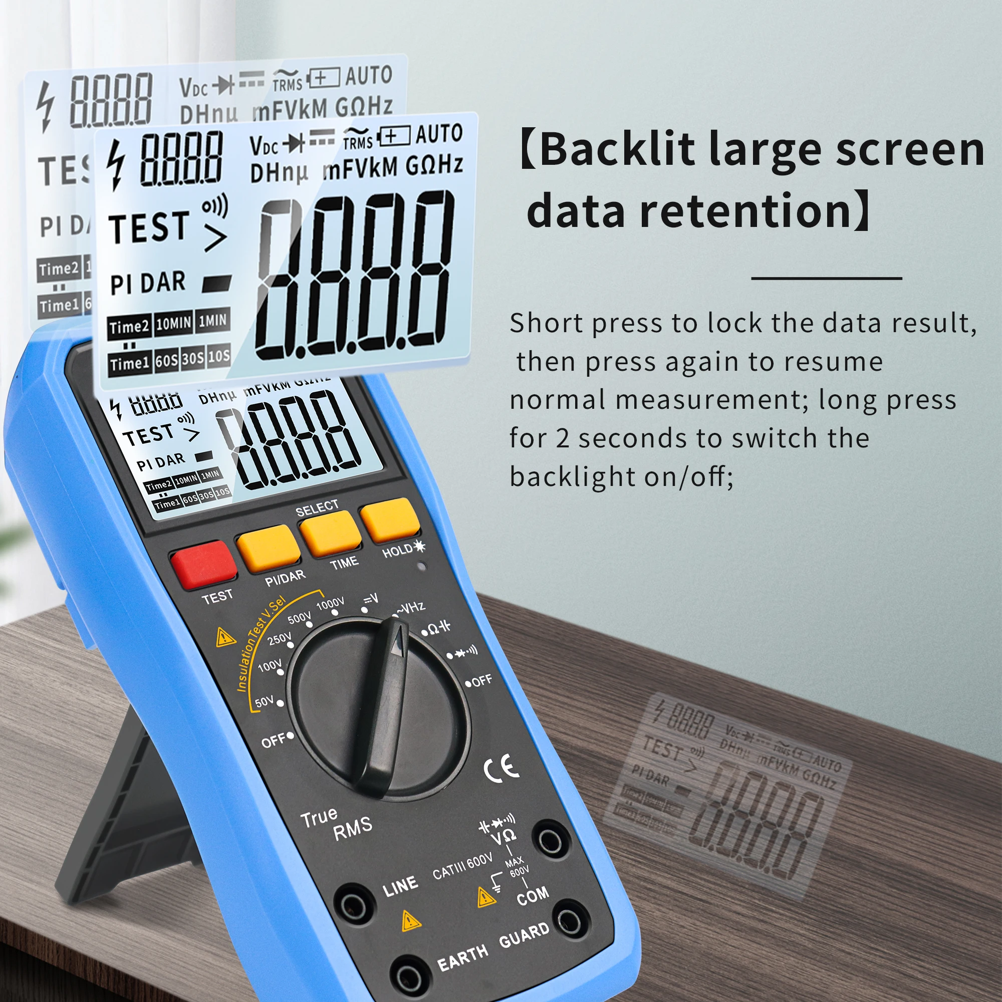 2-in-1 Digital Insulation Resistance Tester + Multimeter 50V-1000V/20GΩ Ω/Cap/Continuity PI/DAR Auto Range