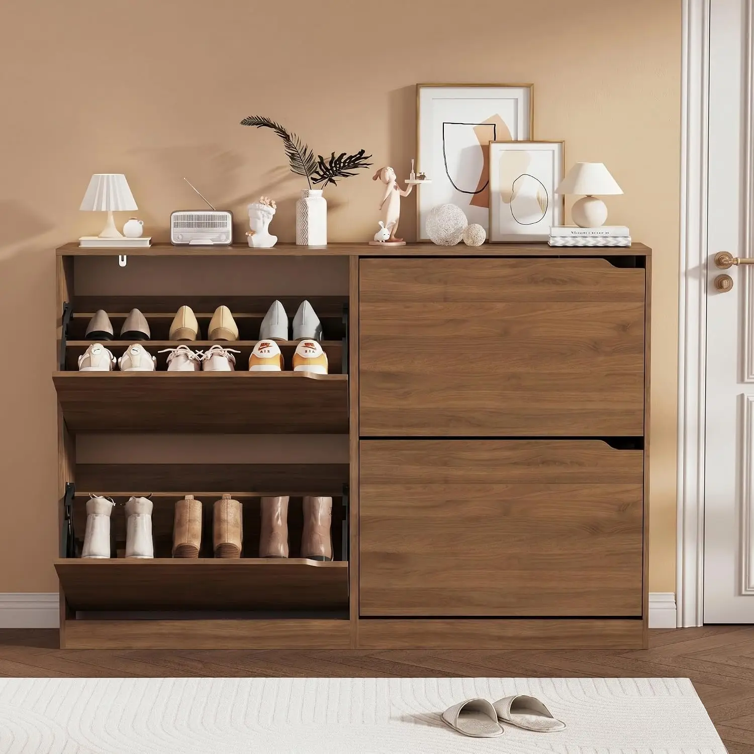 Walnut Shoe Storage Cabinet 4 Flip Drawers Entryway Organizer Wooden Slim Hallway Furniture, Customized